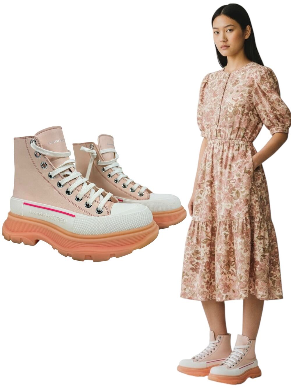 Alexander Mcqueen Tread Slick Leather Ankle Boots Tea Rose Size 38.5